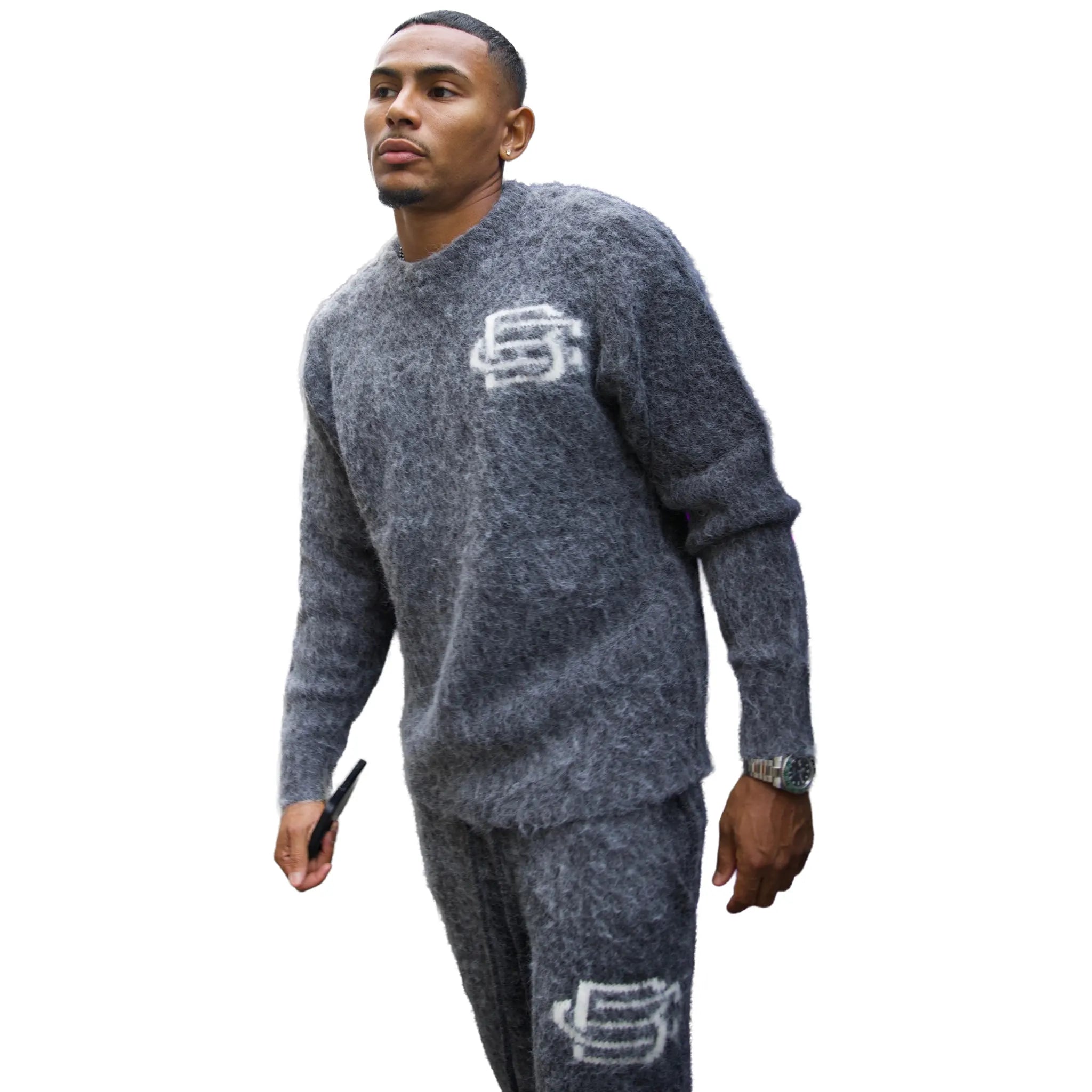 Front Side View of Bénir Clothing Mohair Knit BC Charcoal Sweatshirt MOJUMPCHAR